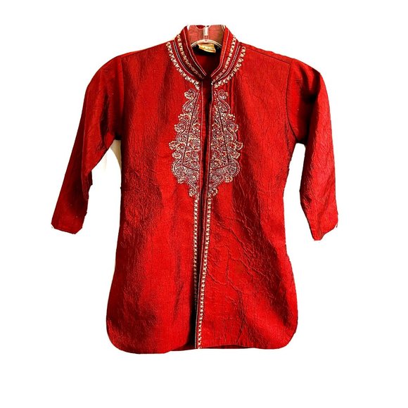 Ethnic Indian Kids Unisex Boy Girl Red Jacket Size ? Sequin Embroider Long Slvs